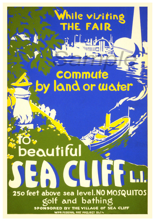 Vintage-style advertisement for Sea Cliff, LI, promoting commuting by land or water.