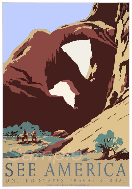 A vintage style travel poster depicting a natural arch formation with the text 'SEE AMERICA - United States Travel Bureau' at the bottom.