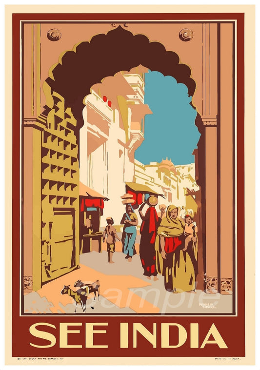 A vintage style travel poster print titled 'SEE INDIA' depicting a scene with people on a street and buildings in the background.
