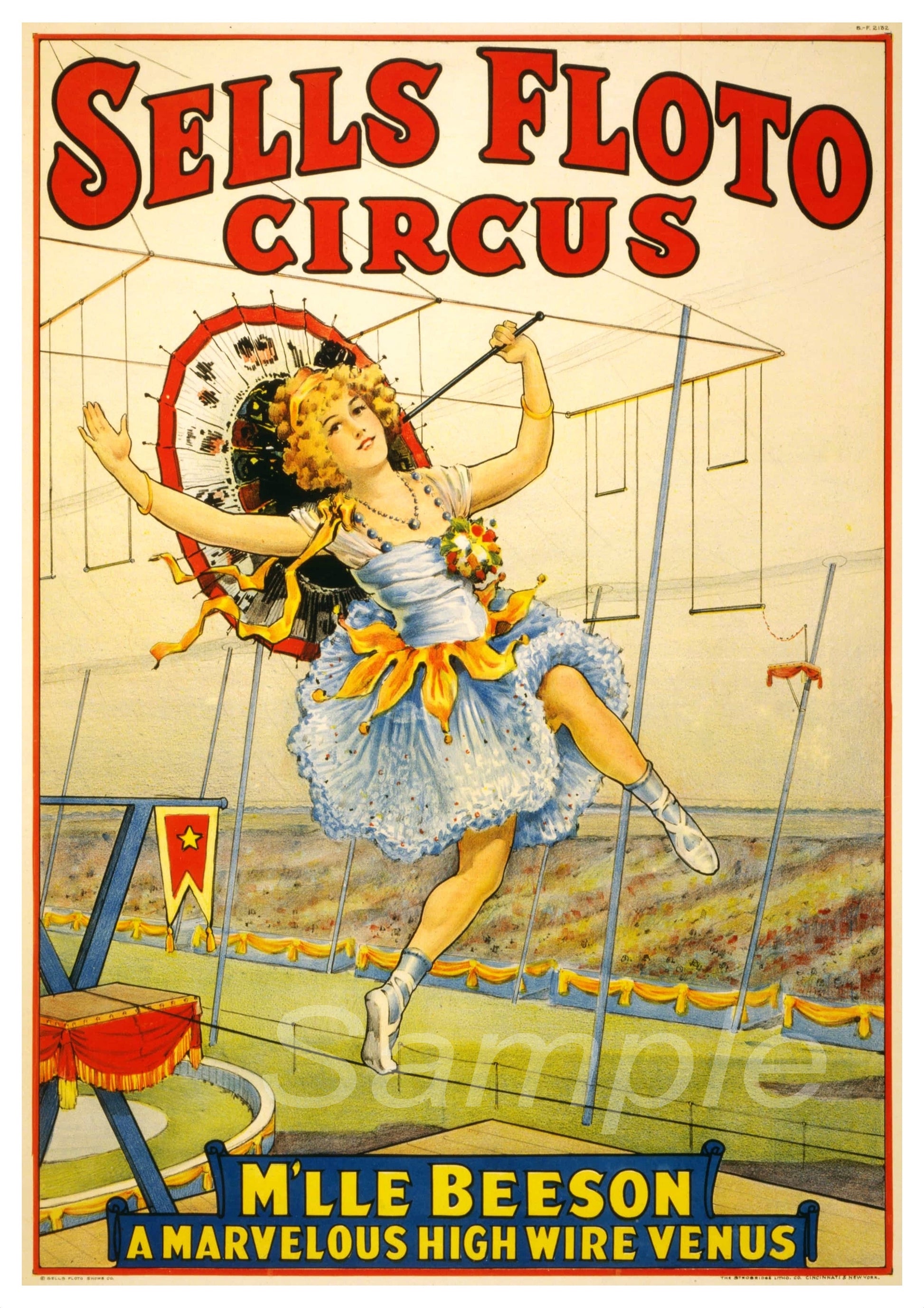 A vintage-style poster for Sells Floto Circus featuring an illustration of a woman in a blue dress walking on a high wire.
