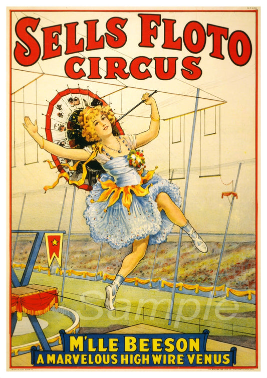 A vintage-style poster for Sells Floto Circus featuring an illustration of a woman in a blue dress walking on a high wire.