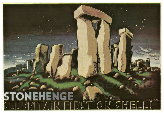 A vintage poster depicting Stonehenge with a dark sky and the text 'STONEHENGE SEE BRITAIN FIRST ON SHELL'