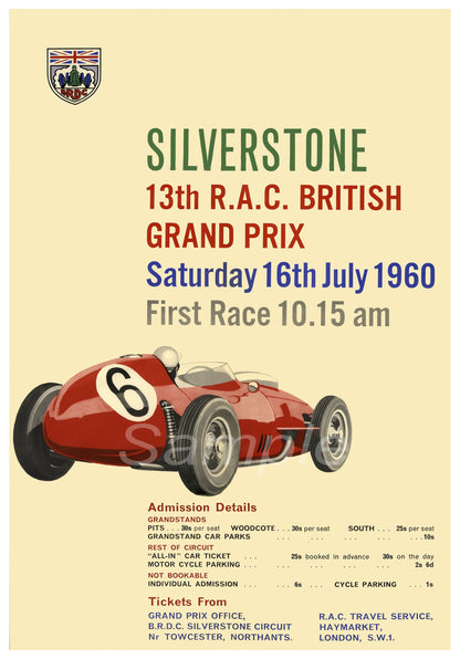 A vintage poster of the 1960 British Grand Prix at Silverstone, featuring a red racing car and details of the event.
