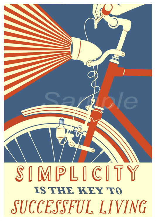 A vintage style poster featuring a bicycle with the text 'SIMPLECTY IS THE KEY TO SUCCESSFUL LIVING' printed above.