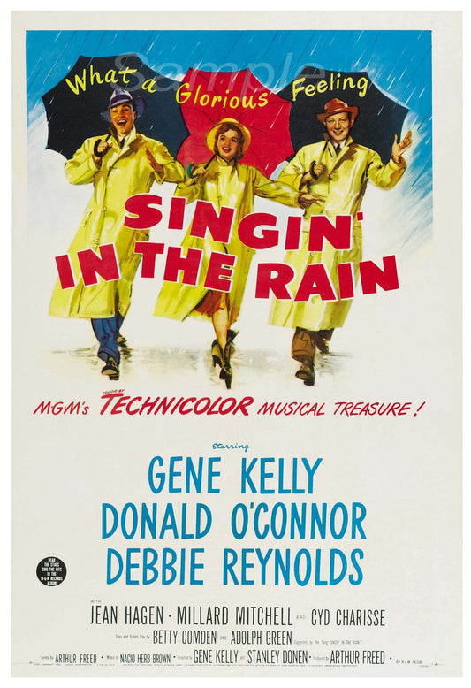 Vintage movie poster print of the film 'Singing in The Rain' featuring iconic imagery of Gene Kelly and other cast members in a rainy scene.