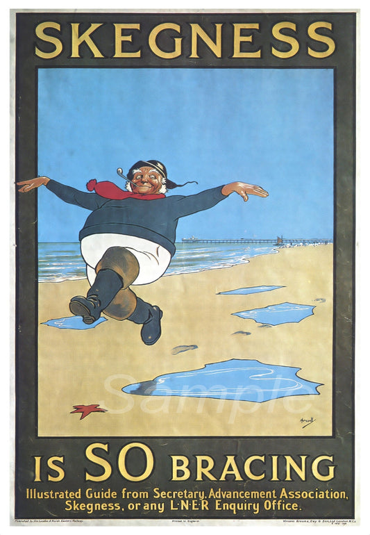 A vintage style railway poster print depicting a character enjoying the sea breeze with the text 'SKEGNESS IS SO BRACING'.
