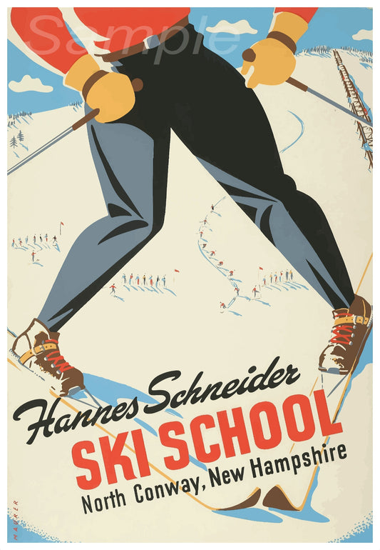 A vintage style travel poster depicting a skier in mid-action pose with the text 'Hannes Schneider Ski School, North Conway, New Hampshire'.