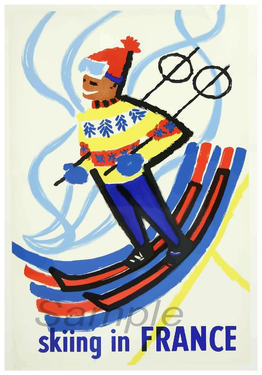 A vintage style travel poster print depicting a cartoon of a person skiing with the text 'skiing in FRANCE' below.