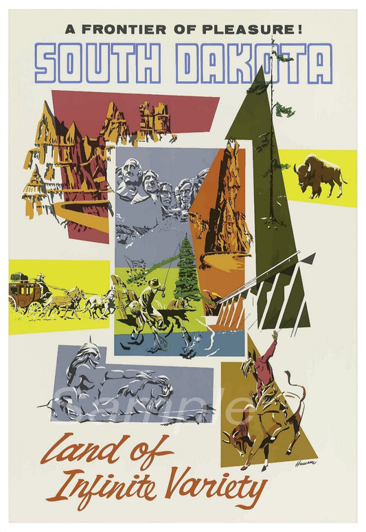 A vintage travel poster depicting various iconic images and symbols of South Dakota, including landscapes and wildlife.