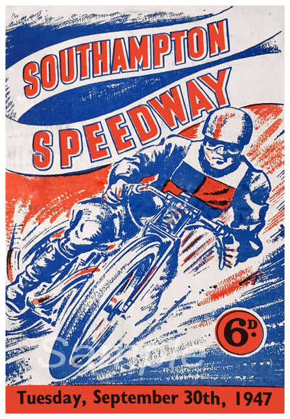 A vintage poster of the 1947 Southampton Speedway Motorbike Racing event featuring a stylized illustration of a motorbike and rider.