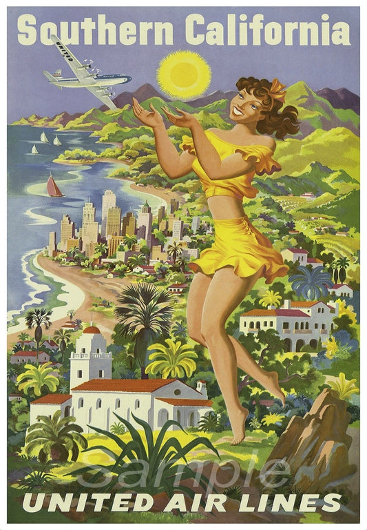 A vintage travel poster featuring a woman in a yellow dress, flying airplanes, and California landscape.