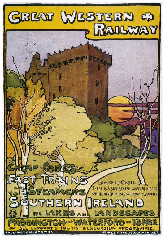 A vintage poster print of Southern Ireland featuring a castle and a train with a yellow, orange, and green color scheme.