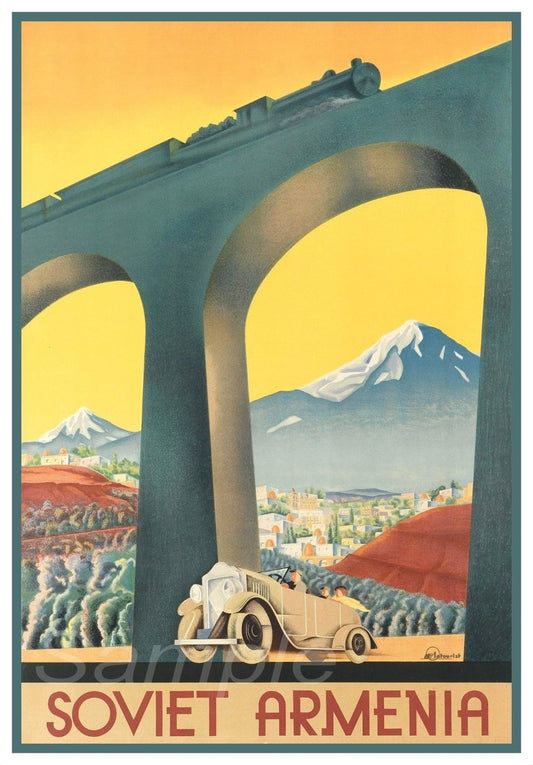 A vintage travel poster depicting a train passing under a bridge with scenic views of mountains and a landscape, titled 'Soviet Armenia'.