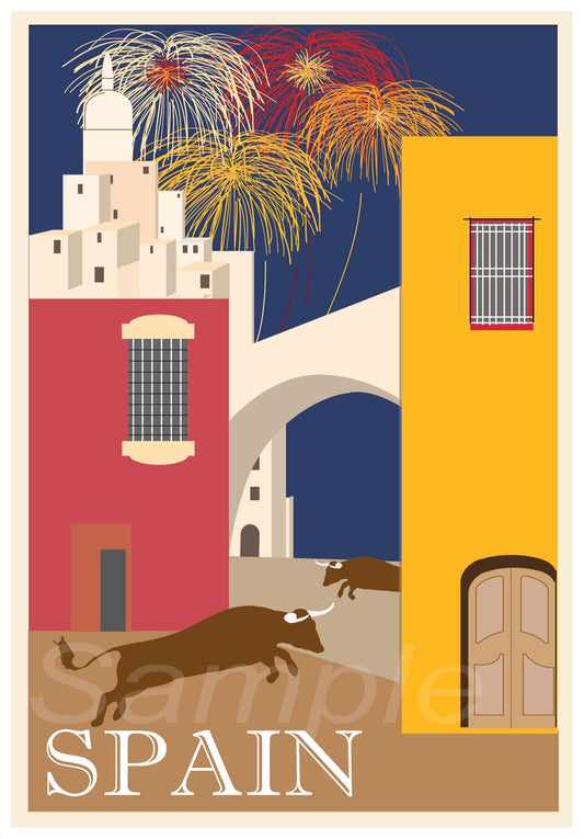 A vintage travel poster print depicting iconic imagery of Spain such as a bull, traditional buildings, and fireworks.