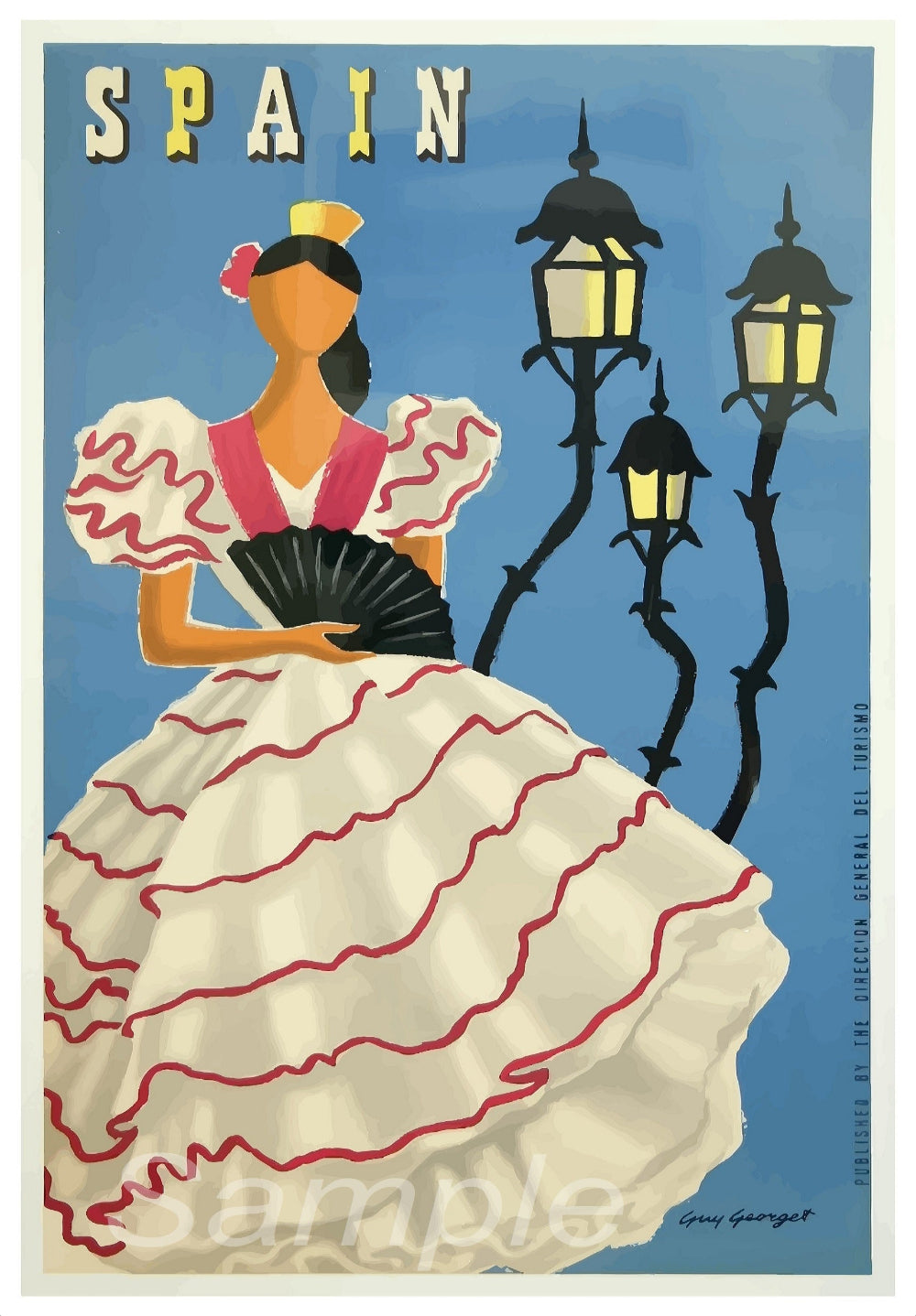 A vintage travel poster print featuring a stylized illustration of a woman in a traditional Spanish dress, with fans and flowers, standing next to lamp posts against a blue background. The text 'SPAIN' is prominently displayed at the top.