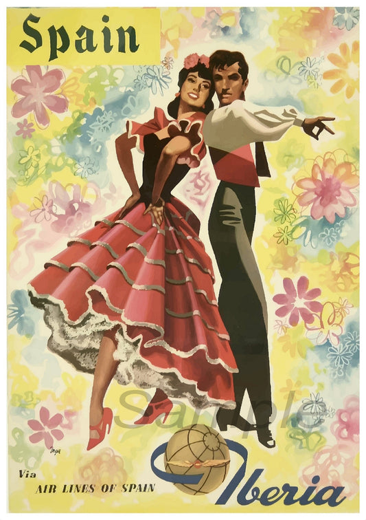 A vintage travel poster featuring a man and woman in traditional Spanish clothing, with floral patterns in the background, and the text 'Spain' and 'Iberia'.
