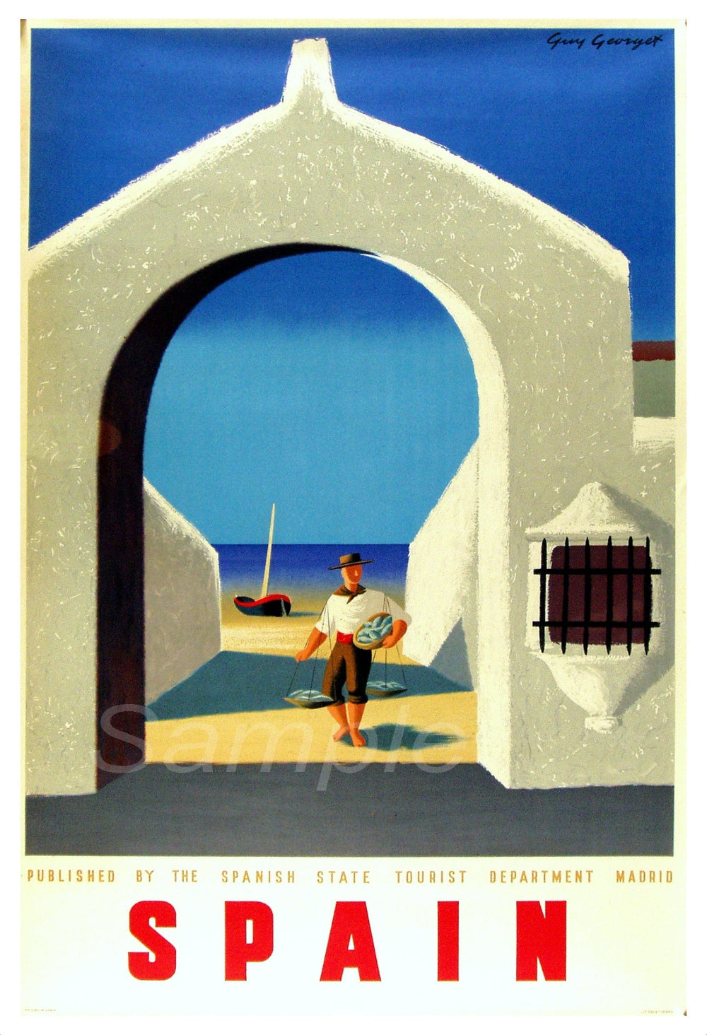 A vintage travel poster print depicting a scene with a white archway and a figure holding a map, with the text 'SPAIN' below.