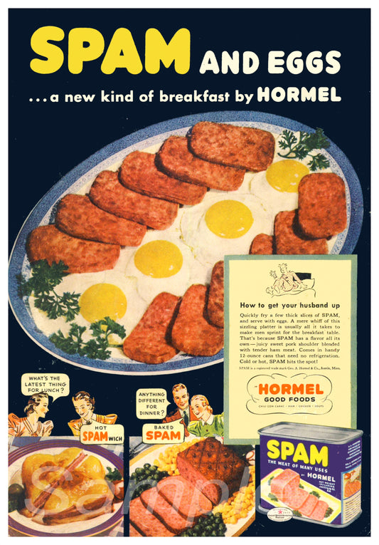 A vintage-style advertisement poster for Spam and Eggs by Hormel, depicting a plate of spam and eggs, along with the Hormel logo and branding.