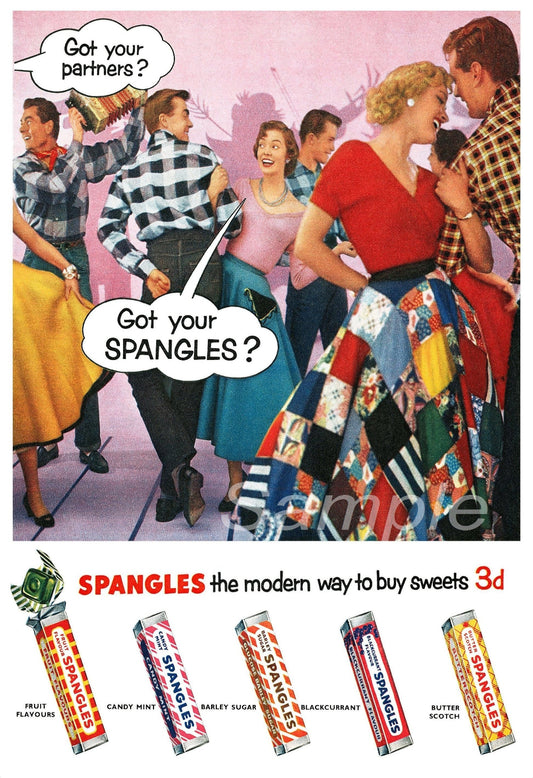 A vintage-style poster depicting people enjoying themselves at a sweet shop, with a focus on a brand of sweets called Spangles.