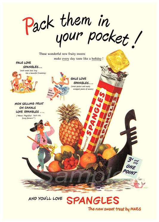 A vintage style advertisement poster for Spangles sweets featuring colorful graphics of the candy, a boat, and a person.