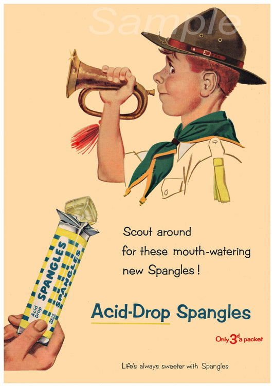 A vintage style poster of a boy in a scout uniform playing a horn, with a package of 'Spangles Acid-Drop Sweets' in the foreground.
