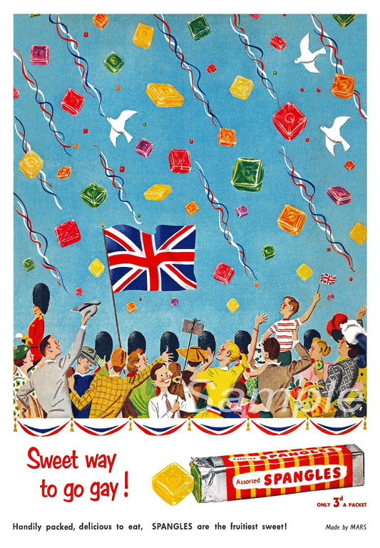 A vintage-style poster featuring an illustration of people celebrating with confetti and the Union Jack flag, alongside the Spangles sweets packaging.