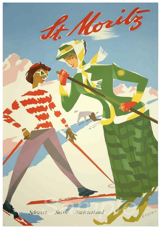 A vintage travel poster depicting two stylized skiers on a snowy mountain, with the name 'St Moritz' and the phrase 'Skiing Swiss' prominently displayed.