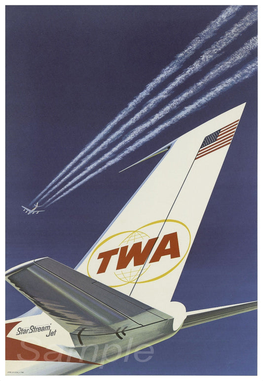 A vintage travel poster print featuring the TWA StarStream Airlines logo with an airplane and contrails in the background.