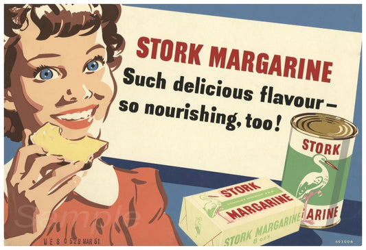 Vintage Stork Margarine advertisement poster featuring a woman with a smile, a slice of bread with margarine, and a can of Stork margarine. The text emphasizes the delicious flavor and nourishing too.