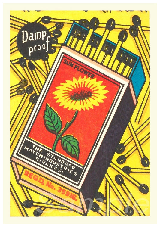A vintage style poster of a matchbox with a sunflower design.