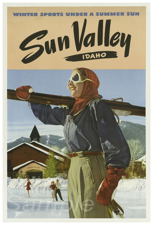 A vintage travel poster depicting a person skiing with the text 'Sun Valley Idaho' and a backdrop of a ski resort.