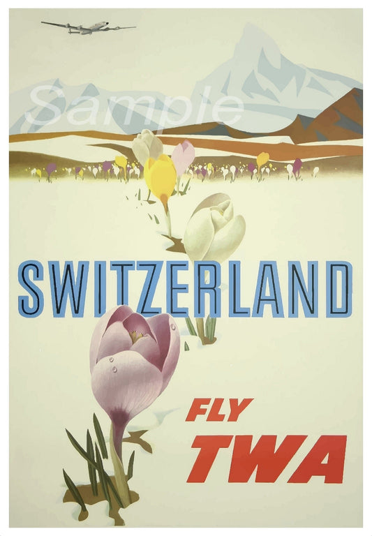 A vintage travel poster print showcasing Switzerland with the text 'FLY TWA', featuring floral elements and mountainous terrain in the background.