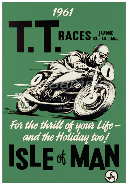 Vintage poster print of the 1961 Isle of Man TT Races featuring a motorcycle in motion on a green background with text and graphics promoting the event.