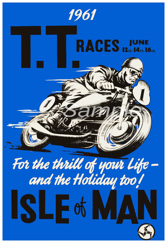 Vintage poster print of the 1961 Isle of Man TT Races featuring a motorcycle on a blue background with text detailing the event information.