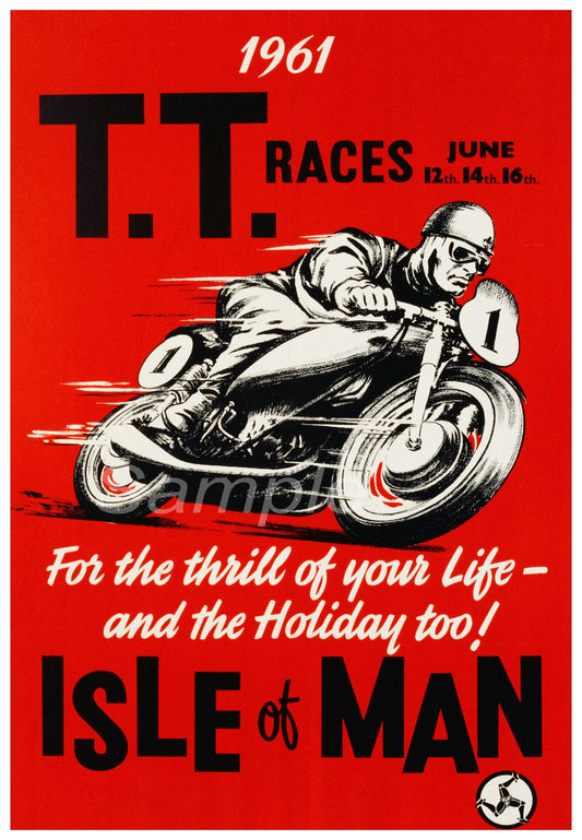 Vintage poster print of the 1961 Isle of Man TT Races featuring a black and white illustration of a motorcycle rider on a racing bike with a red background.