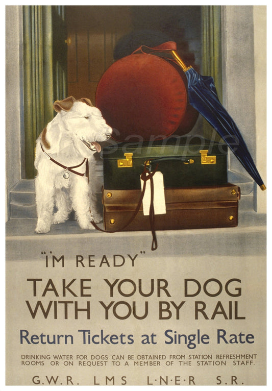 A vintage style poster print depicting a dog with a suitcase, alongside text promoting rail travel with dogs.