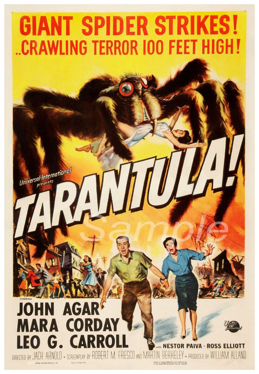 Vintage movie poster print of the film 'Tarantula' featuring an illustration of a large spider and two characters in a dramatic pose.