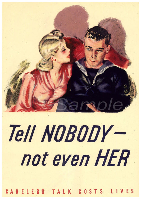 A vintage war poster depicting a conversational scene between a man and a woman, with the text 'Tell NOBODY - not even HER. CARELESS TALK COSTS LIVES.