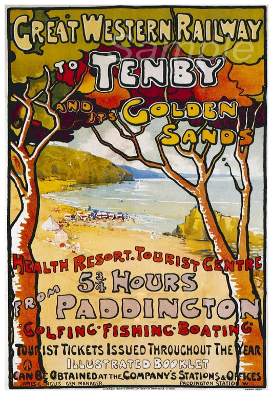 A vintage railway poster print depicting a coastal scene with trees, buildings, and a beach, with text promoting Tenby and the Golden Sands health resort.
