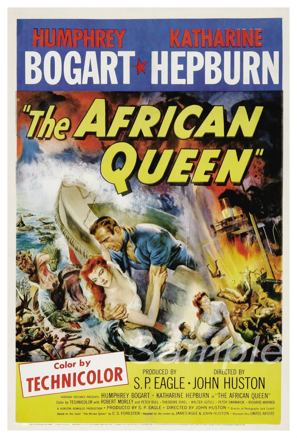 A vintage travel poster print of the movie 'The African Queen' featuring images of the main characters and a steamboat, with a focus on the Technicolor film quality.