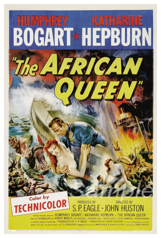 A vintage travel poster print of the movie 'The African Queen' featuring images of the main characters and a steamboat, with a focus on the Technicolor film quality.