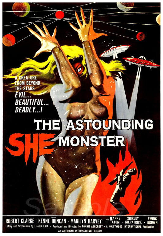 Vintage movie poster print of 'The Astounding She Monster' featuring a female creature with yellow hair, flames, and a dramatic pose.
