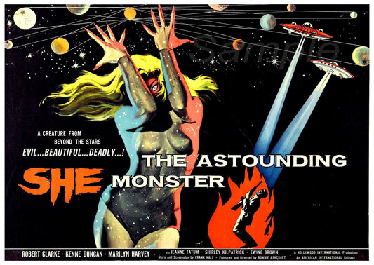 Vintage movie poster print of 'The Astounding She Monster' featuring a female creature with blonde hair in a space-themed backdrop with planets and stars.