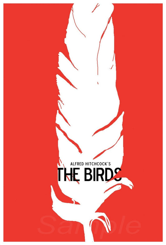 A vintage movie poster print of 'The Birds' with a red background and a white silhouette of a bird on it.