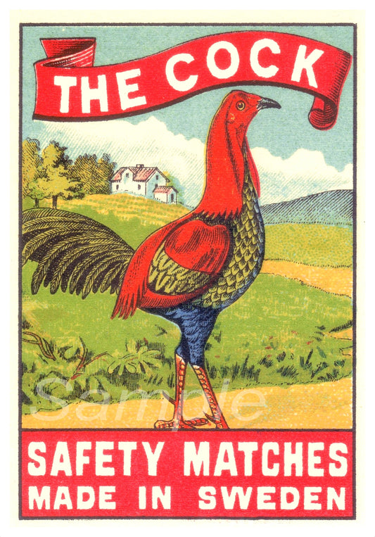 A vintage-style poster of 'The Cock Safety Matches' with a red and gold rooster on a field background, including a village in the distance and the text 'MADE IN SWEDEN'.