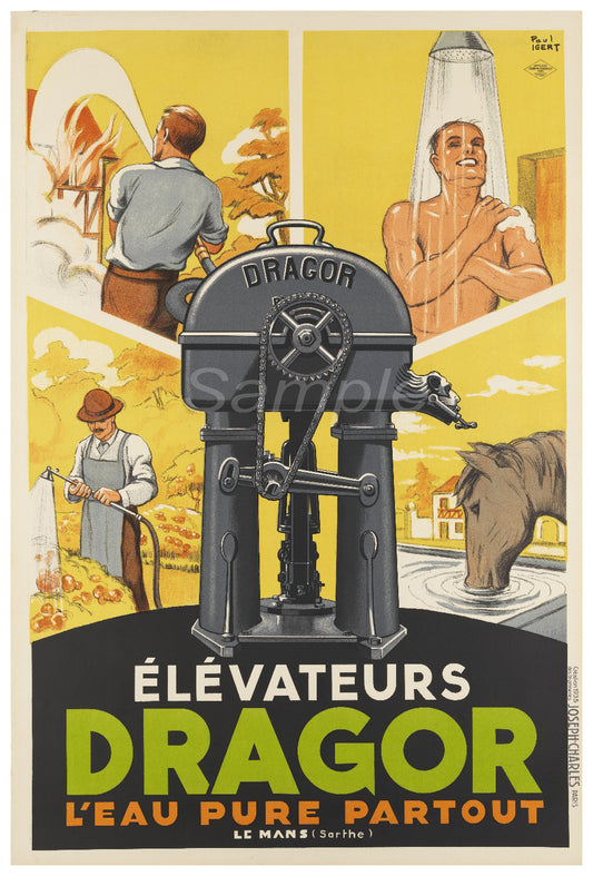 A vintage-style poster depicting a Dragor water pump with illustrations of people and a horse in the background.