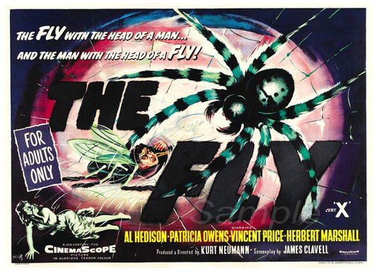 Vintage movie poster print for the film 'The Fly' featuring a large spider and human-like figures with a vibrant color palette predominantly in pink, blue, and yellow.