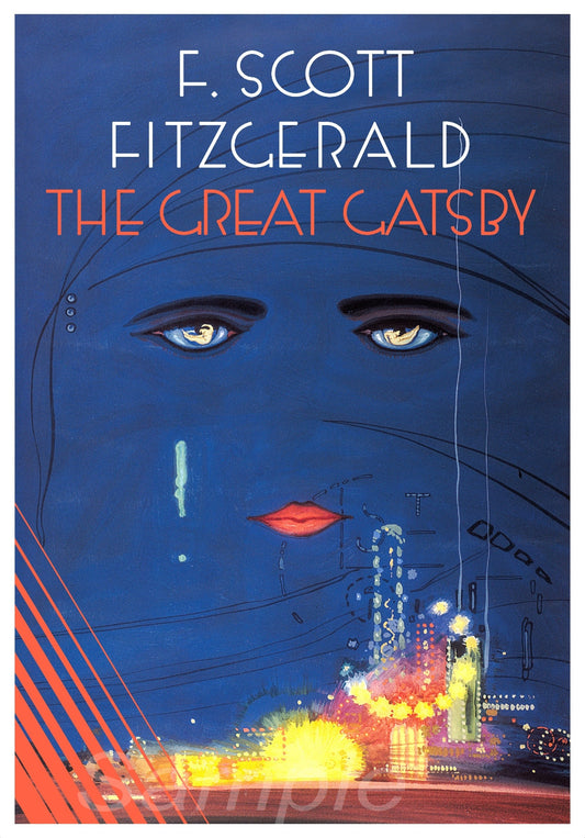 A vintage poster print of F. Scott Fitzgerald's novel 'The Great Gatsby' featuring a stylized face with a cityscape in the background.