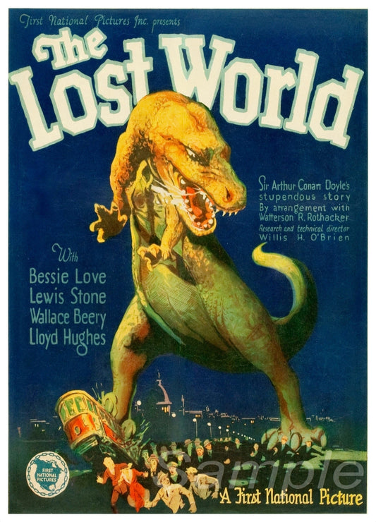 Vintage movie poster print of 'The Lost World' featuring an illustration of a dinosaur.