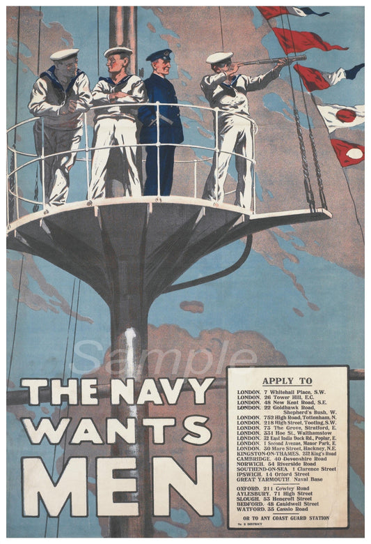 A vintage-style poster with the title 'The Navy Wants Men' featuring sailors on a ship and recruitment information.
